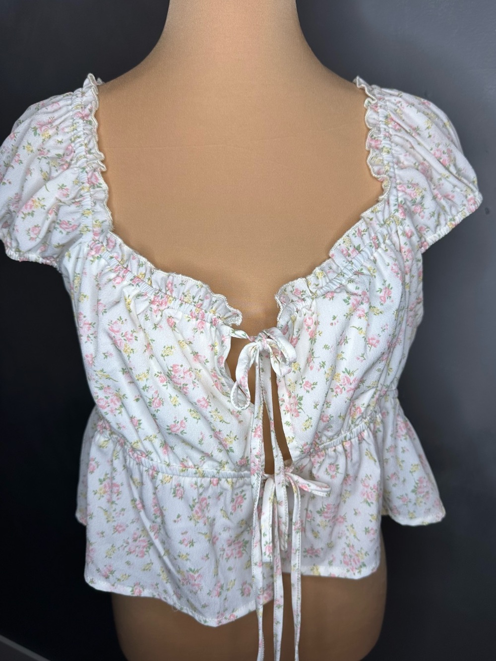 Altar'd State White Peasant Tie-Front Top with Pink Floral